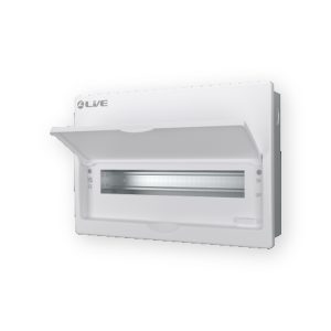 LIVE FMC22 22 module flush mounted consumer unit enclosure with open front cover, angled view