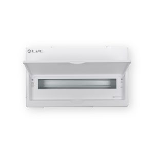 LIVE FMC22 22 module flush mounted consumer unit enclosure with open front cover, front view