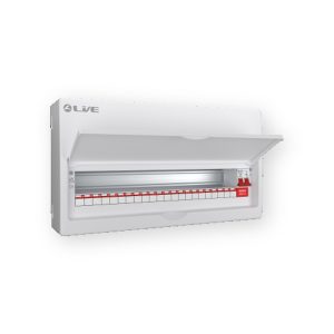 LIVE LSMC24 24 module metal clad consumer unit with main isolator and open front cover, angled view