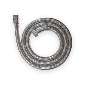 Coiled chrome shower hose with corrugated metal exterior and two knurled connector ends