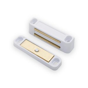 White magnetic cupboard catch and matching strike plate with fixing slots