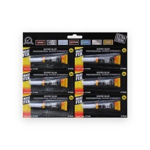 Maxi Fix professional super strength super glue retail card containing six 2g tubes