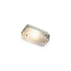 Bulkhead light with clear prismatic diffuser and pale aluminium base