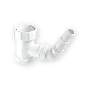 McAlpine V33S white domestic appliance tee with BSP nut, threaded outlet and angled hose nozzle