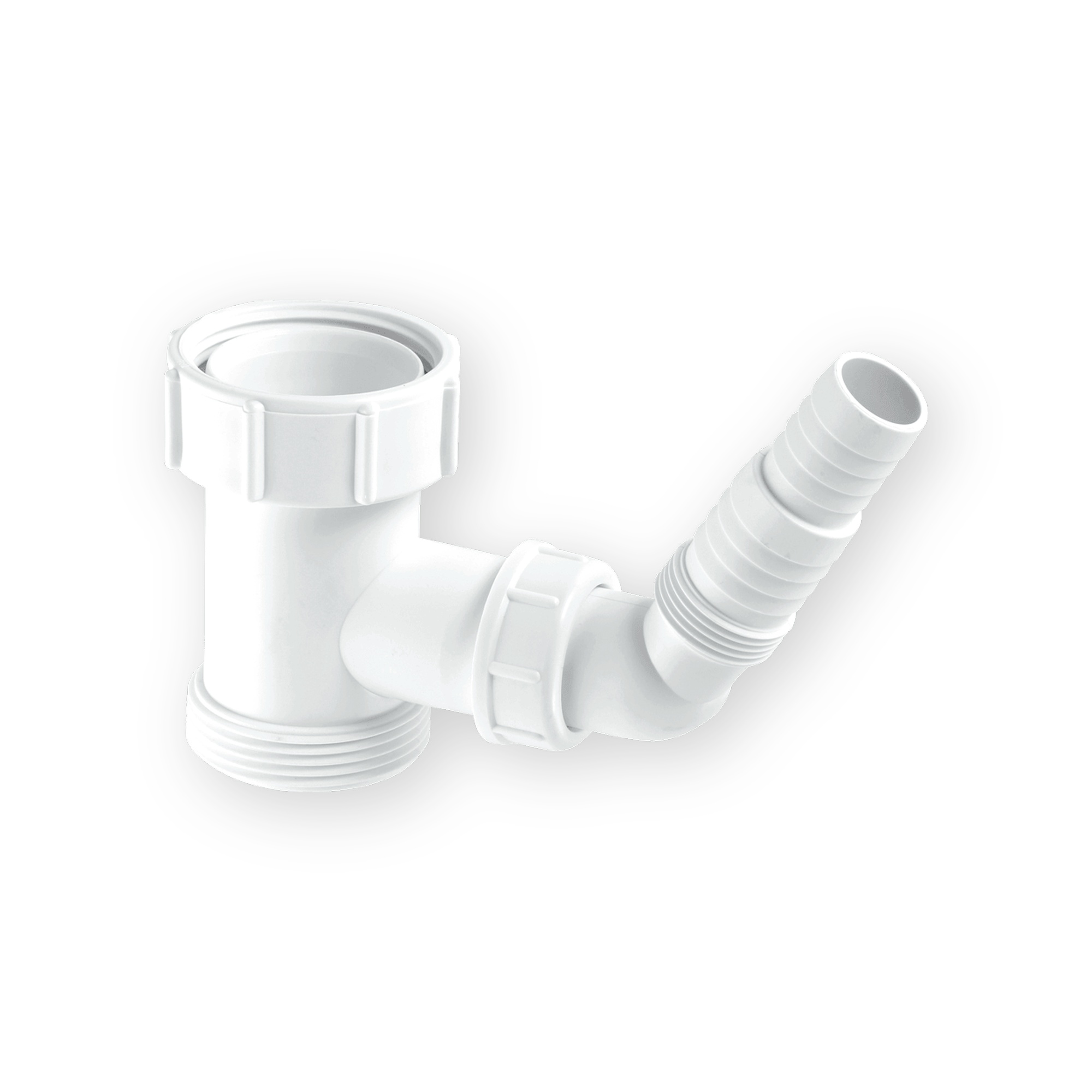 mcalpine-v33s-domestic-appliance-tee-piece McAlpine V33S white domestic appliance tee with BSP nut, threaded outlet and angled hose nozzle