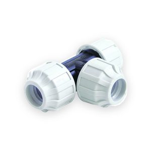 MDPE tee fitting with blue central body and three pale compression nuts with open sockets