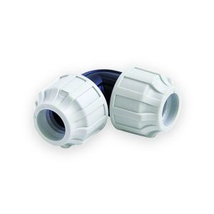 MDPE elbow with two ribbed white compression nuts, dark blue curved body and visible bores
