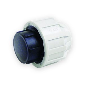 MDPE end plug with closed dark blue end and ribbed white compression nut
