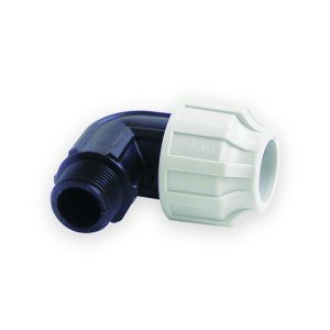MDPE male elbow with dark blue external threads, dark curved body and ribbed white compression nut
