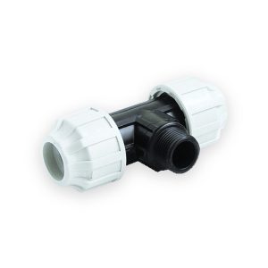 MDPE male threaded tee with black body, external threaded branch and two white ribbed compression nuts