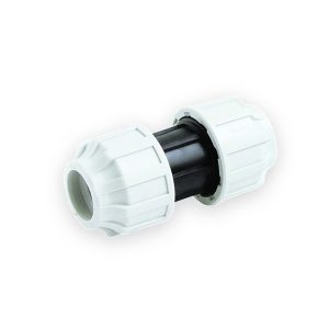 MDPE straight coupling with two ribbed white compression nuts and a dark central body