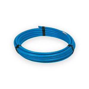 Coil of blue MDPE water pipe secured with black ties