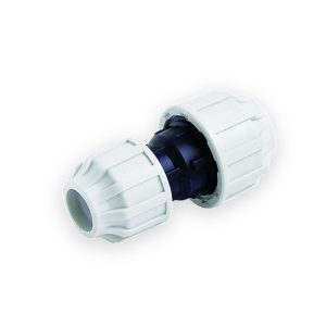 MDPE reducing coupling with two different sized white compression nuts and a dark central body