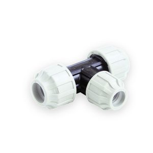 MDPE reducing tee with three ribbed white compression nuts, dark body and visible bores