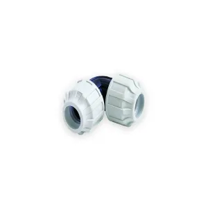 MDPE 25mm elbow with two white ribbed compression nuts and black centre body