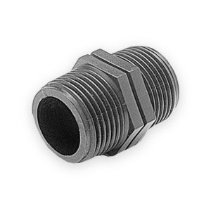 Dark MDPE threaded nipple fitting with male threads at both ends, central hexagonal body and open bore