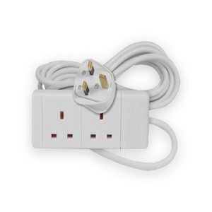 White two-gang extension lead with coiled cable and UK three-pin plug