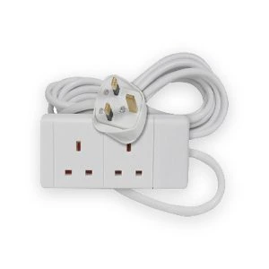 White two-gang extension lead with coiled cable and UK three-pin plug