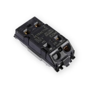 MK Grid Plus retractive switch rear with black housing, brass terminals and original printed markings