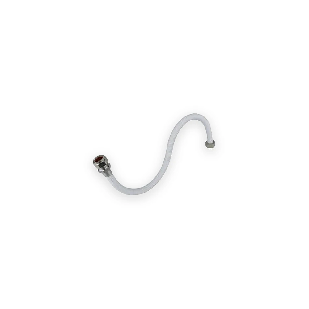 Pale flexible plumbing connector with curved hose and metal end fittings Pale flexible plumbing connector with curved hose and metal end fittings