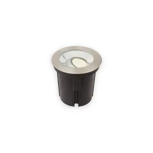 Recessed ground light with brushed metal rim and warm illuminated reflector