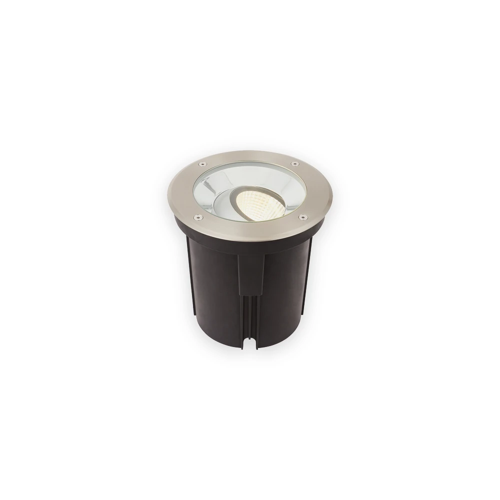 Recessed ground light with brushed metal rim and warm illuminated reflector Recessed ground light with brushed metal rim and warm illuminated reflector