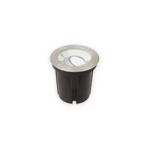 Recessed ground light with brushed metal rim and cool illuminated reflector