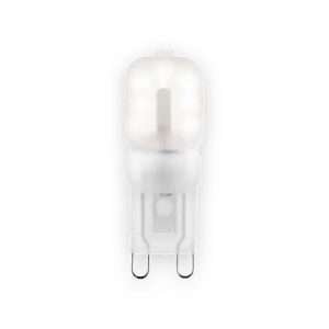 Unlit G9 LED capsule bulb with pale translucent housing and two looped metal pins