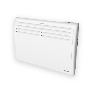 White wall-mounted panel heater with front ventilation slots