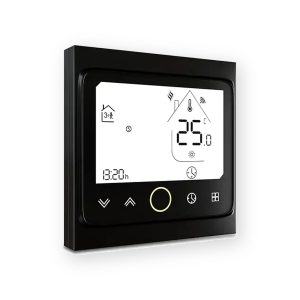 PE01 black touchscreen thermostat angled front view showing temperature display and touch controls