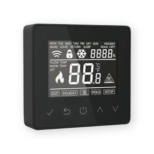 PE02 black programmable touchscreen thermostat showing display icons and touch controls