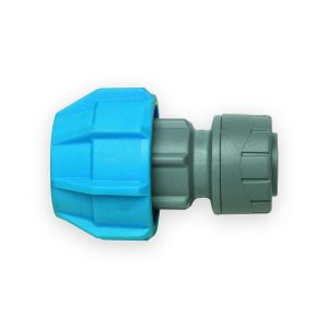 PolyPlumb Polyfast adaptor with blue MDPE compression cap and grey green ribbed connector body