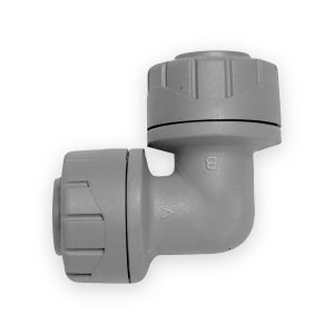 Grey PolyPlumb 15mm elbow with ribbed screw caps, visible seams and embossed A and B markings