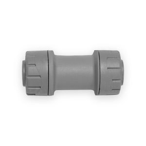 Grey PolyPlumb straight coupling with two ribbed caps and visible cap seams