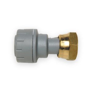 Grey PolyPlumb straight tap connector with ribbed plastic cap and brass hexagonal nut