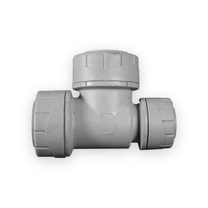 Grey PolyPlumb centre reducing tee with three ribbed caps and visible moulded seams