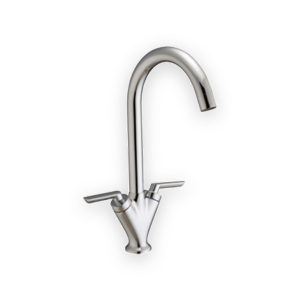 Portia kitchen sink mixer tap with curved chrome spout, twin lever handles and tapered body