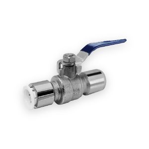Reliance nickel-plated ball valve with blue lever and white Speedfit push-fit collet