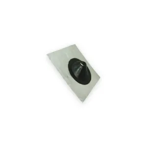 Residential angled roof flashing with black pipe collar on a rectangular pale metal sheet