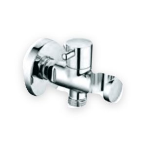 Chrome douche valve with round wall flange, cylindrical control, lower threaded outlet and integrated holder