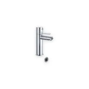 Round chrome thermostatic basin mixer with side control and separate circular fitting