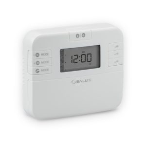 Salus EP310 three-channel heating and hot water programmer in white, showing LCD display and controls