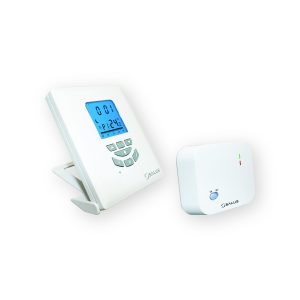 SALUS T105RF wireless programmable thermostat with blue LCD, desktop stand and separate receiver
