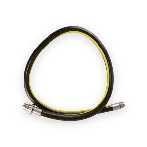 Salvus yellow-striped gas hose in an upright loop with straight bayonet and threaded metal connectors