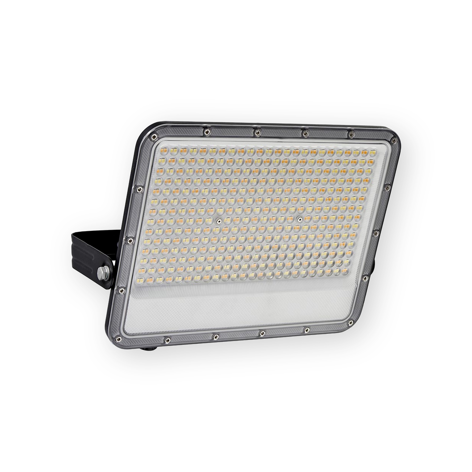 saxby-fortis-118610-floodlight-angled-unlit Saxby Fortis 118610 LED floodlight angled unlit view showing clear lens, LED array and black mounting bracket