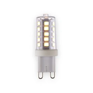G9 LED lamp with clear cylindrical cover, illuminated LED chips, white base and two looped metal pins