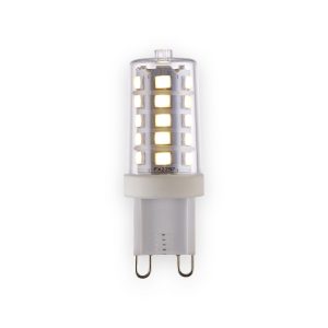 G9 LED lamp with clear cylindrical cover, illuminated LED chips, white base and two looped metal pins