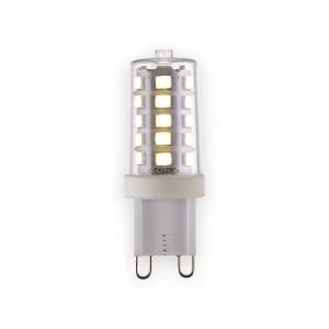 G9 LED lamp with clear cylindrical cover, illuminated LED chips, white base and two looped metal pins