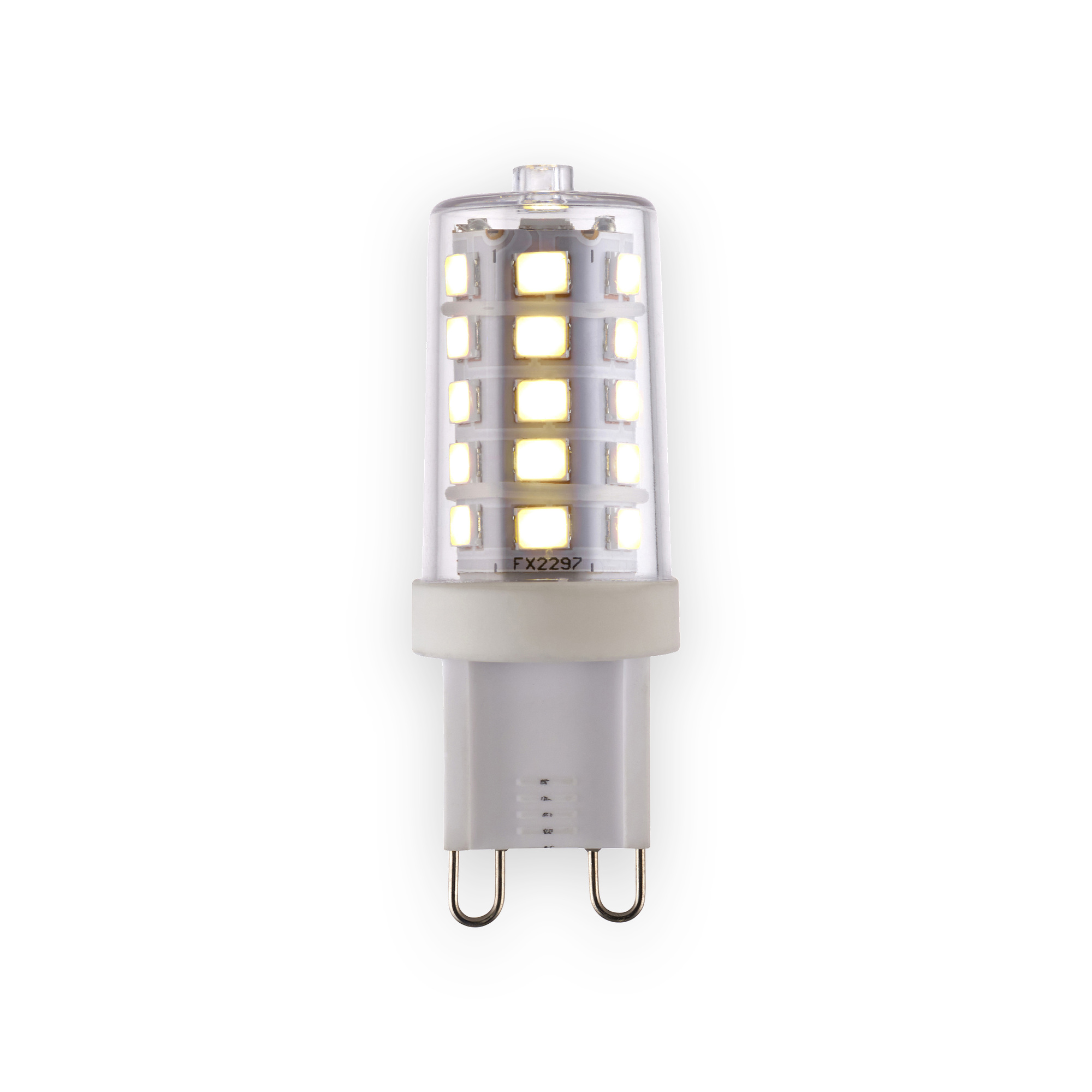 saxby-g9-4000k-led-lamp-gallery-01 G9 LED lamp with clear cylindrical cover, illuminated LED chips, white base and two looped metal pins