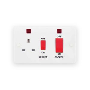 Selectric Smooth White 45A Cooker Unit 13A Neon Red Rockers Switched Socket
